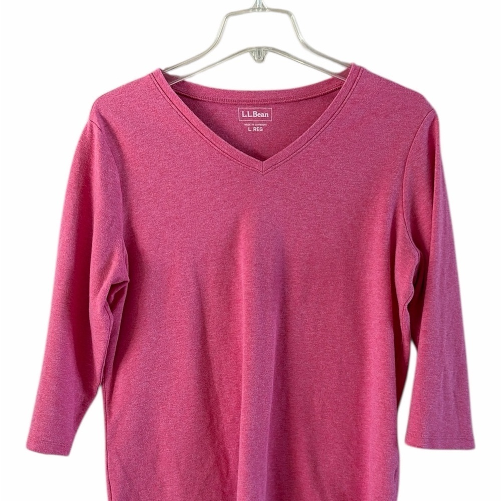 L.L. Bean Women's V Neck Pink Tee Cropped Sleeves Size L